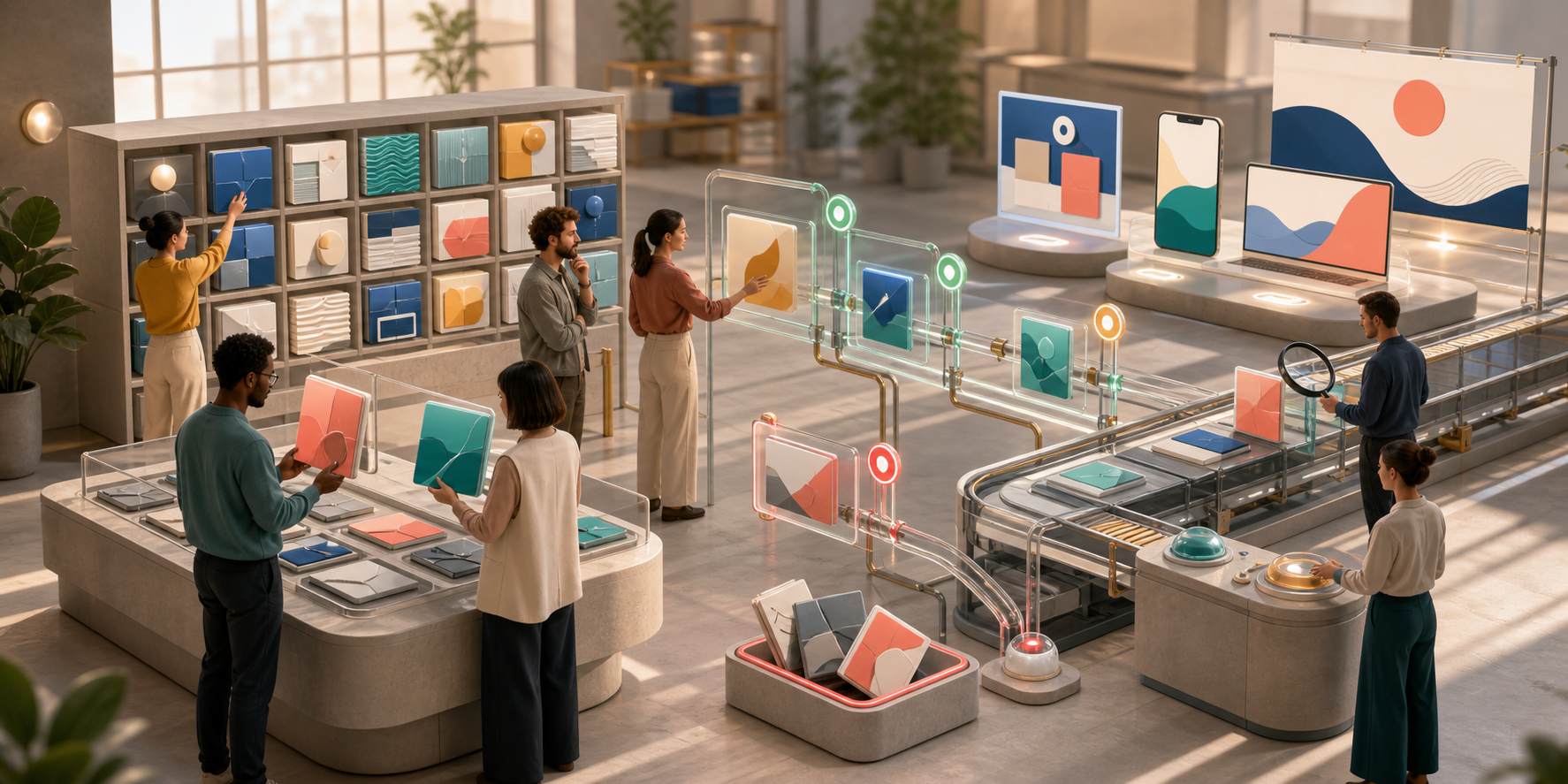 A creative team selects abstract content modules from an organized library and assembles them into multiple formats through visible approval and review gates.