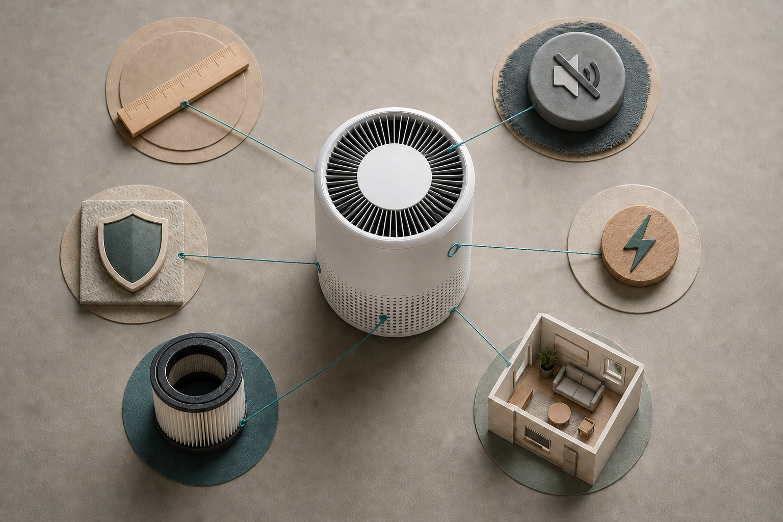 An air purifier is surrounded by symbols for size, noise, energy use, safety, maintenance, and room context, with threads linking each symbol to a product feature.