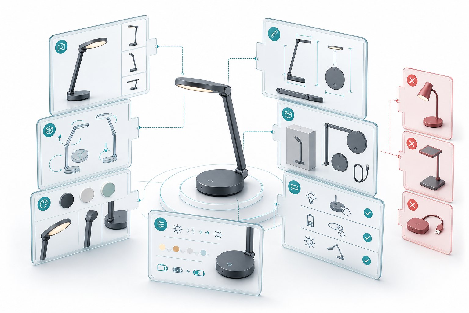 A cordless desk lamp is surrounded by matching translucent product-information panels, while a few conflicting pieces sit apart from the aligned system.