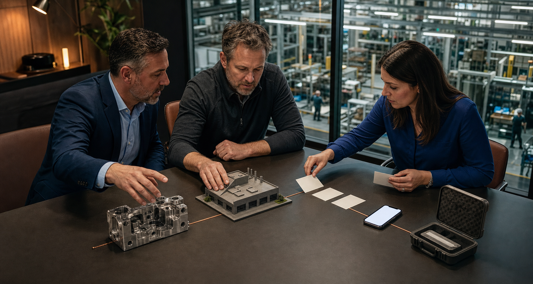 A sales leader, engineer, and marketer arrange a metal component, factory model, blank cards, phone, and sample case into a sequence on a conference table.