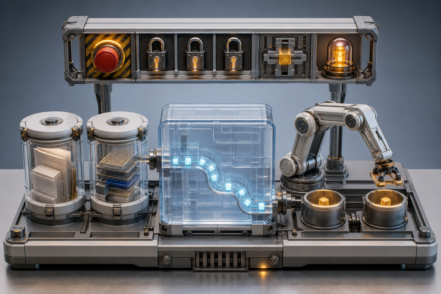 A four-part automation model separates source records, a reasoning chamber, an action mechanism, and an independent control frame with locks and an approval gate.