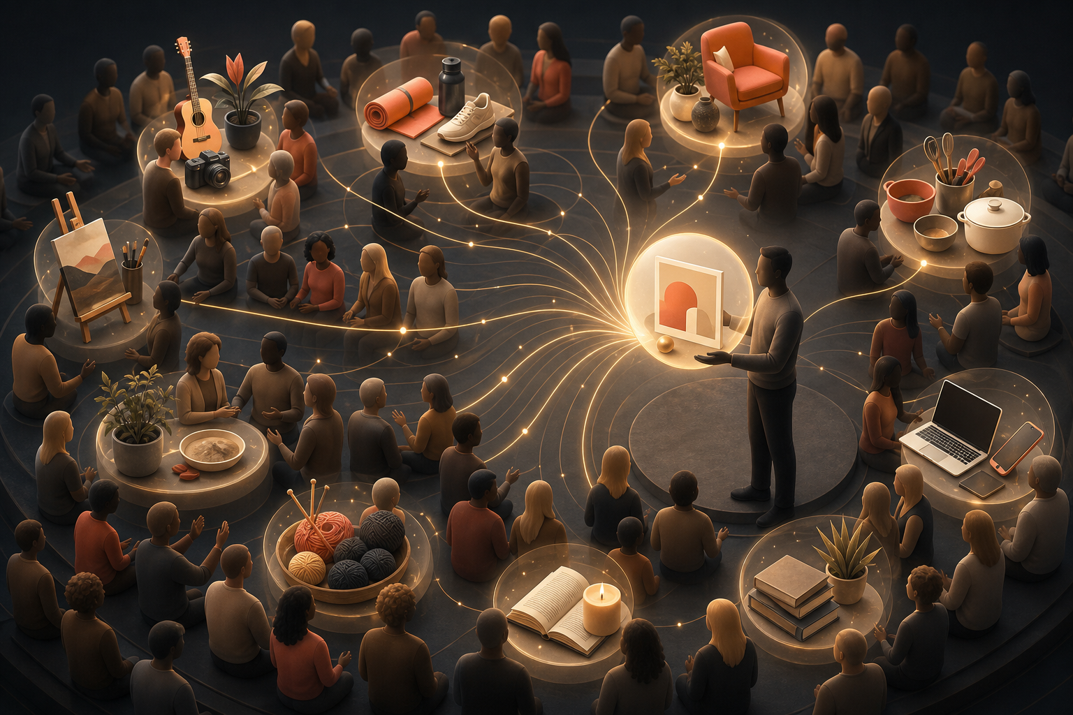 A marketer selects an advertising concept connected to clusters of community discussions and product interests.