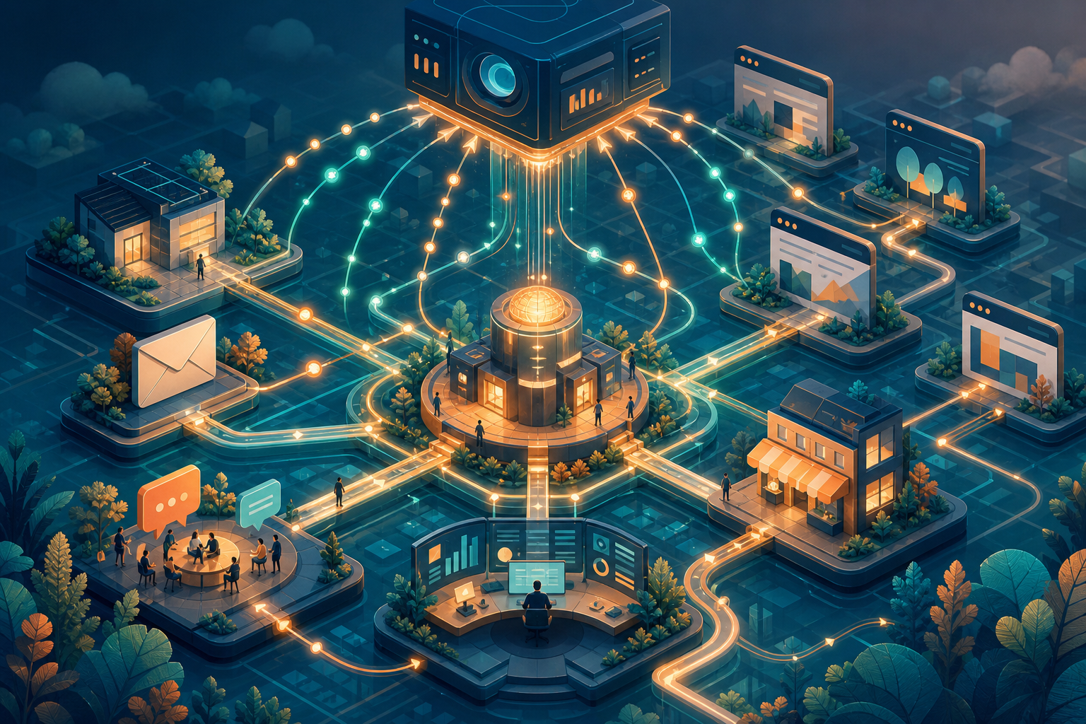 A central marketing hub connects directly with a website, inbox, forum, storefront, analytics workspace, audiences, and independent publisher sites.