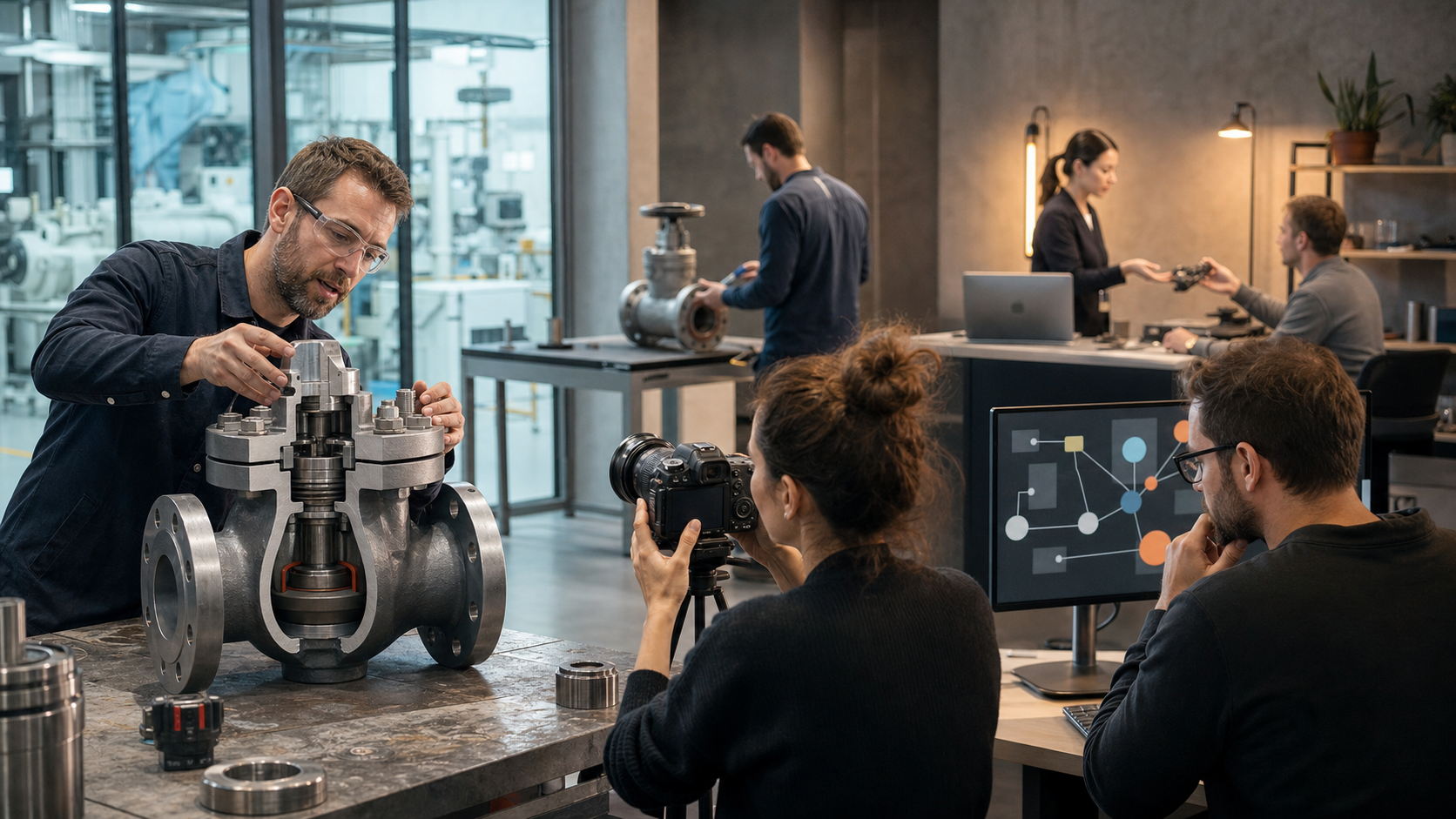 An engineer explains a valve assembly while a content strategist documents it and an analyst reviews an abstract digital interface in an adjoining studio.