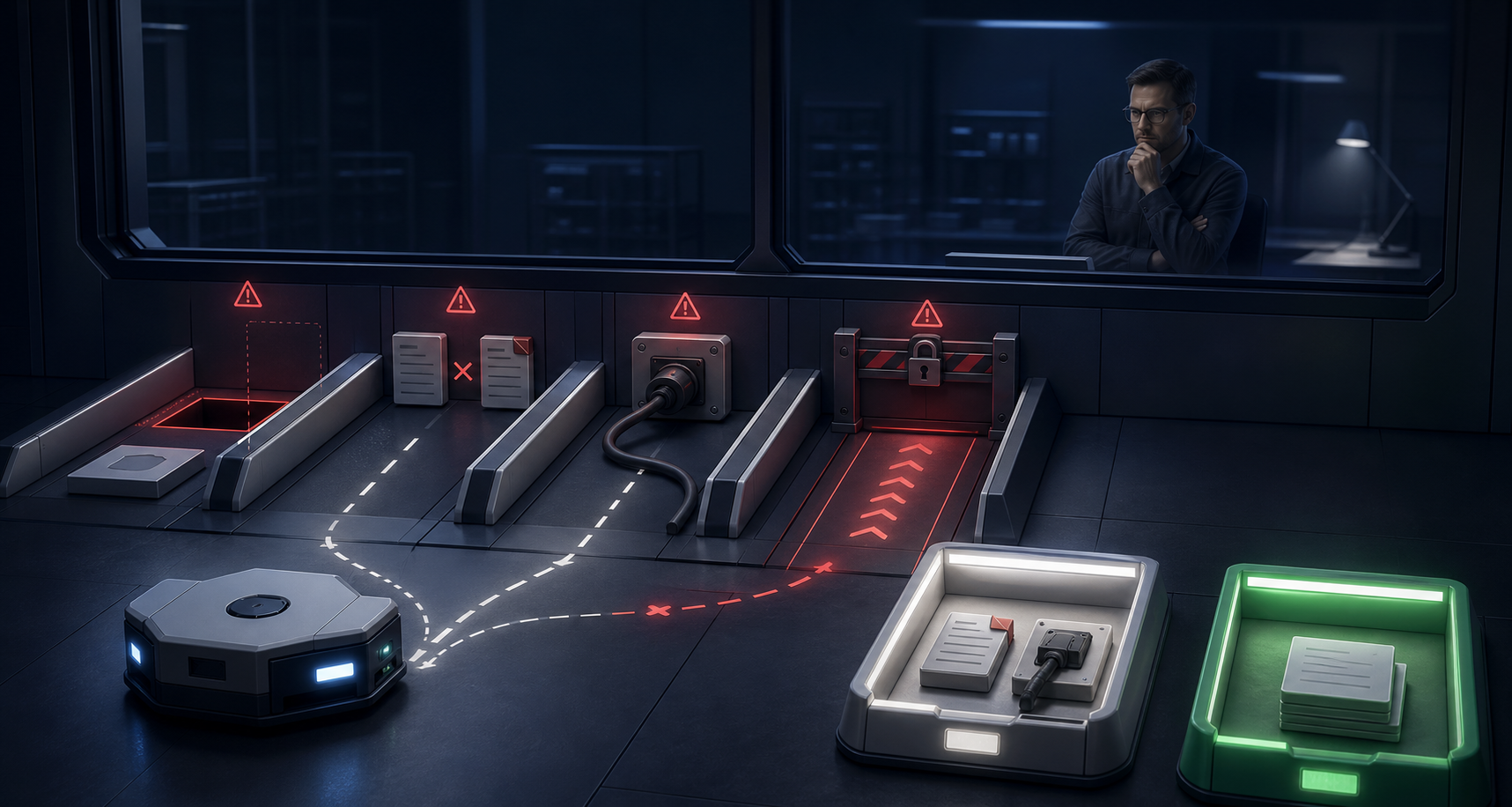 An engineer observes an automated agent being tested against missing inputs, conflicting records, unavailable tools, and a blocked unsafe action in a simulation lab.