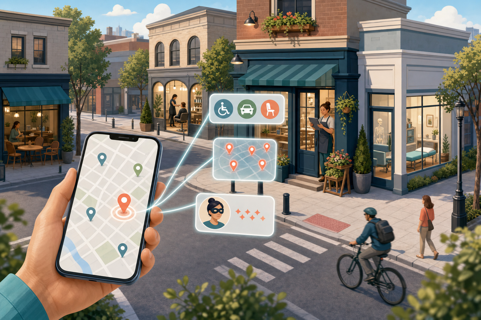 A business owner checks a tablet beside a neighborhood street while a phone map highlights visit details, nearby activity, and a reviewer avatar.