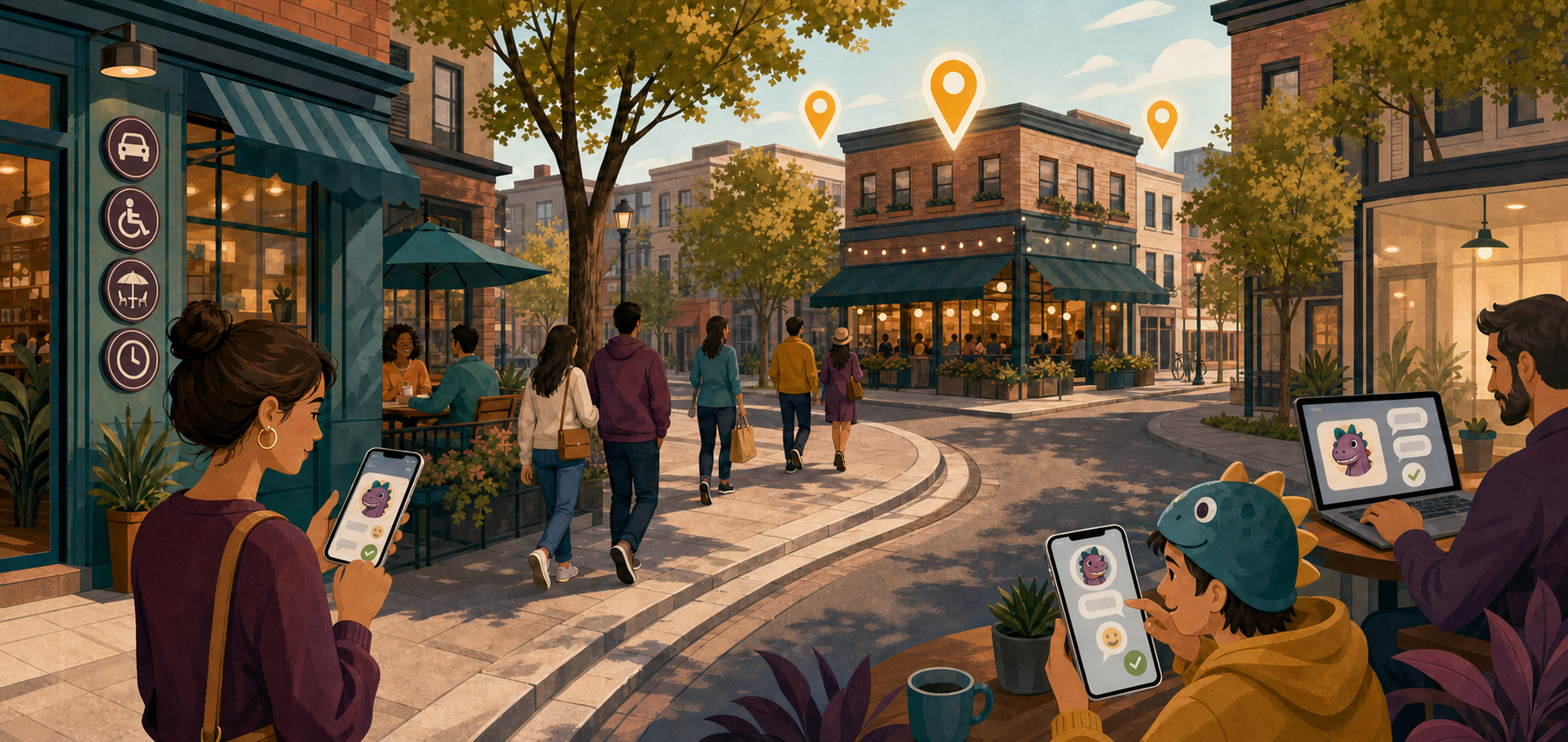 A continuous neighborhood scene shows a customer checking visit details, people gathering at a popular business, and a reviewer using a generic profile avatar.