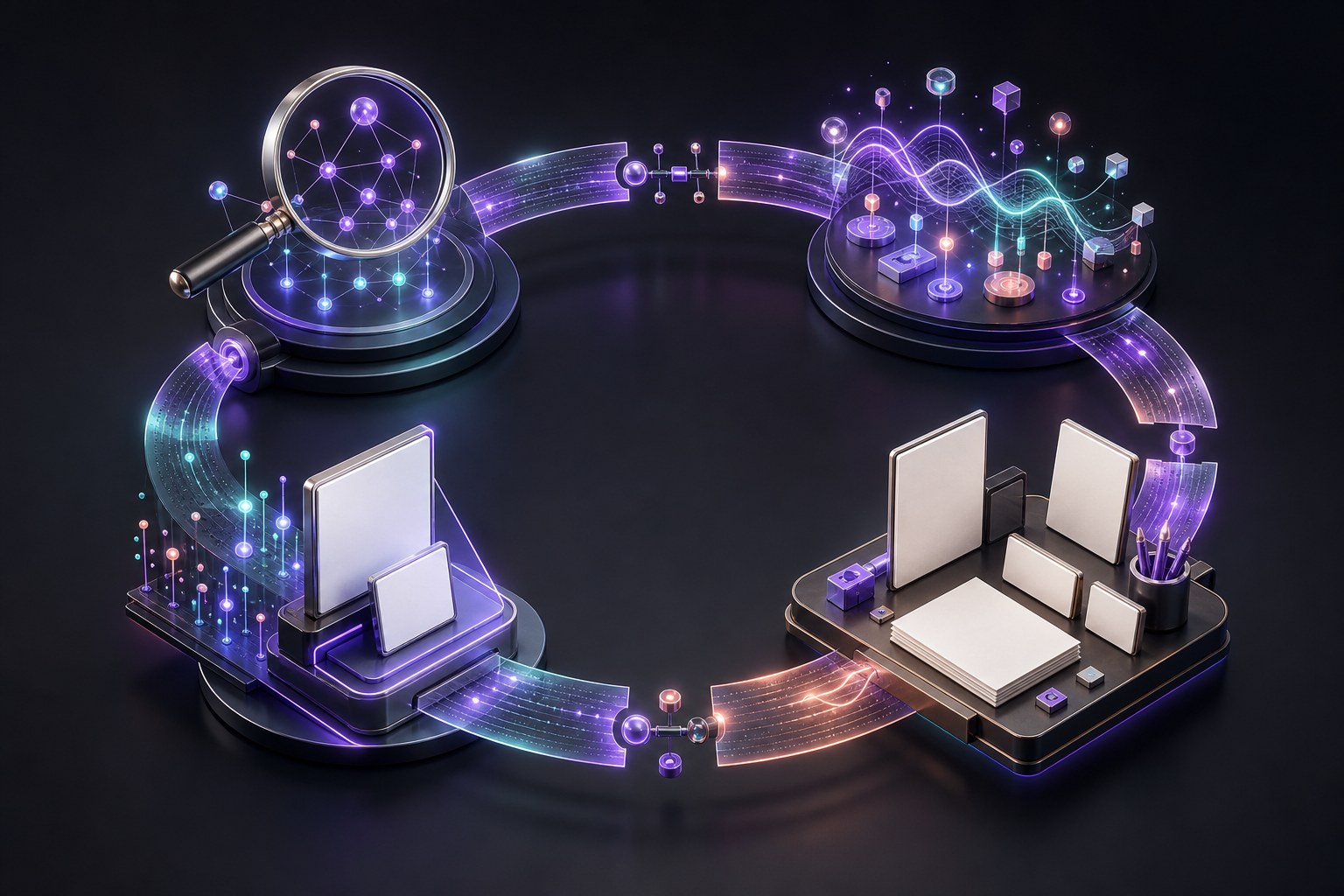 A circular ribbon connects abstract search signals, audience insights, content creation modules, publishing, and feedback in a continuous loop.