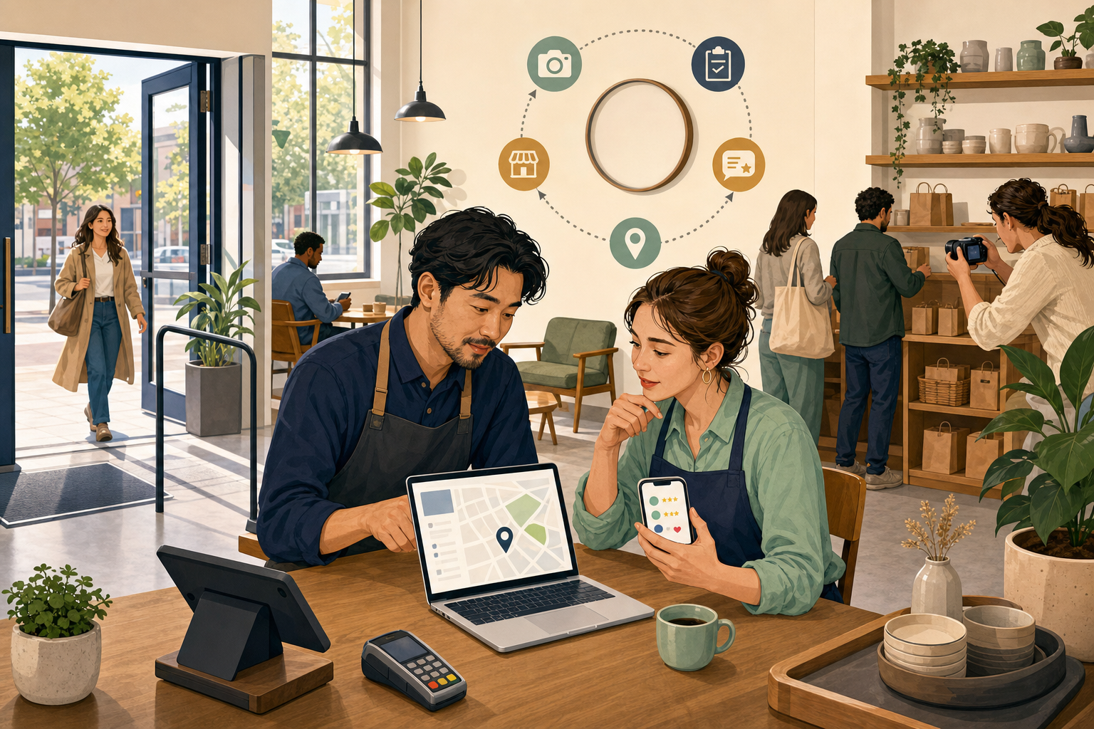 A shop owner and employee verify accessibility, seating, pickup details, photos, a map listing, and customer feedback as part of a routine.