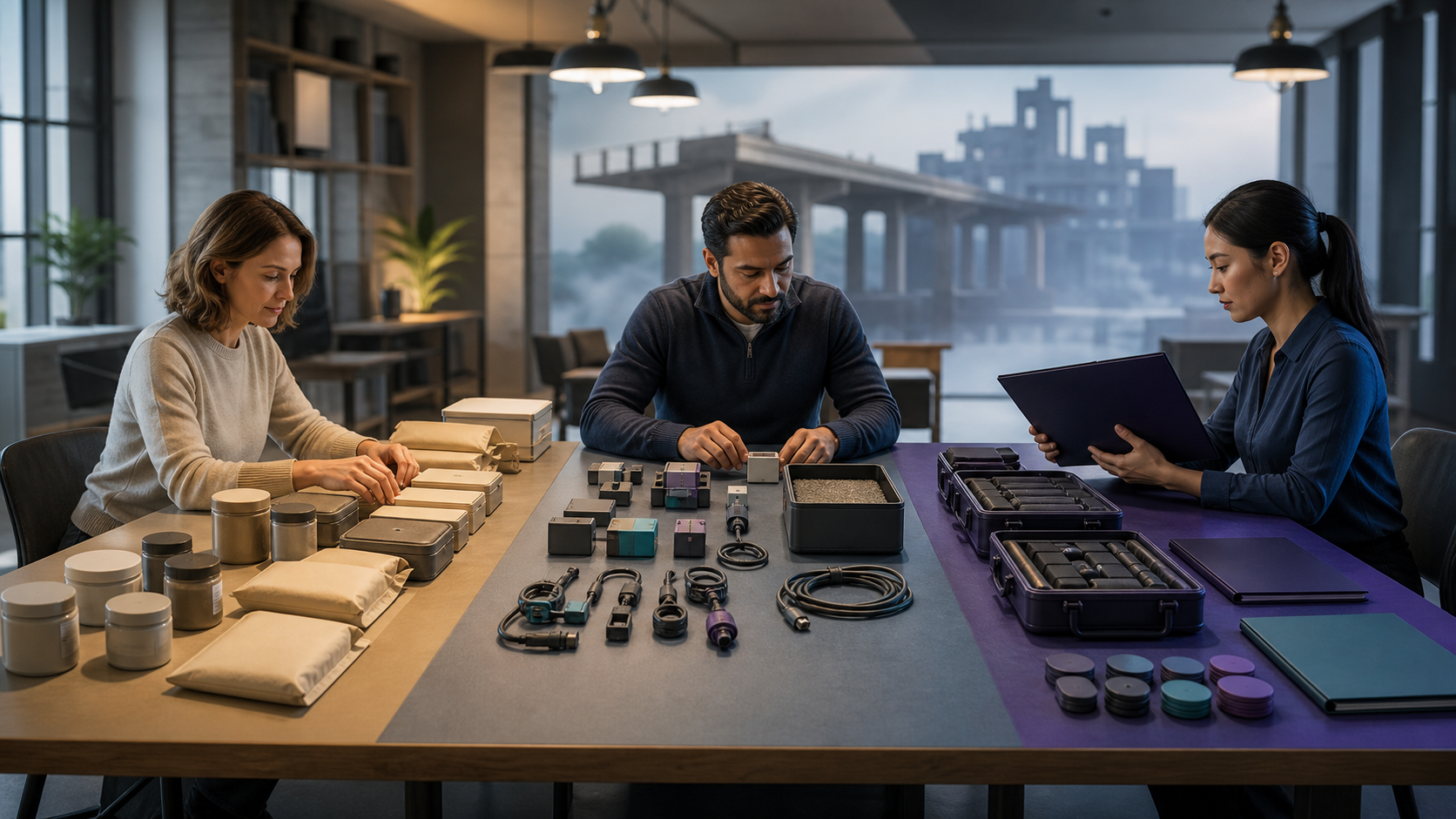 Three colleagues organize data exports, measurement modules, testing components, contract folders, and portable tools across a staged planning table.