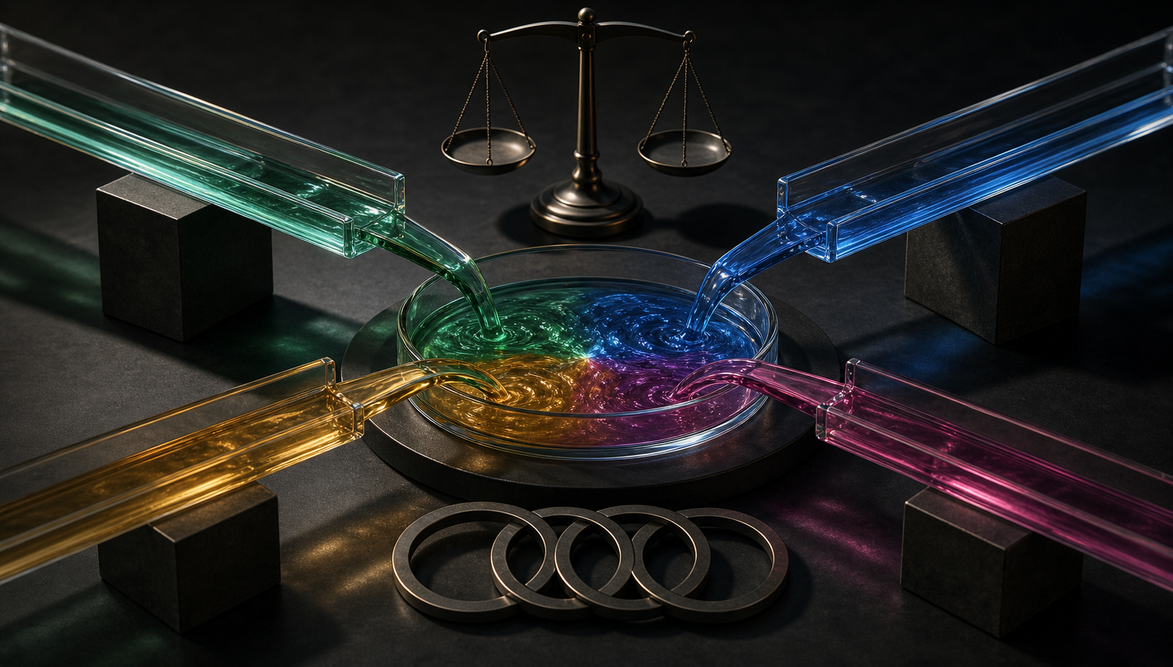 Four colored light streams pass through separate transparent channels into a balanced circular reservoir beside a precision scale and interlocking rings.