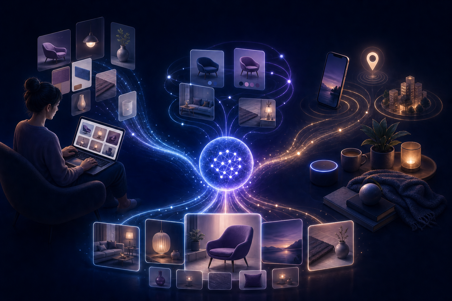 A person using a laptop, behavioral content trails, and ambient device signals converge on a central AI search orb with visual answer cards.