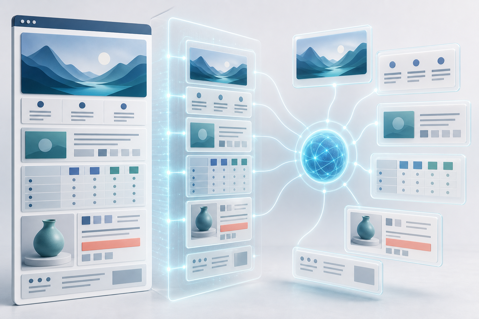 Unlabeled modules from a structured webpage are extracted into translucent answer cards that remain connected to their original page sections.