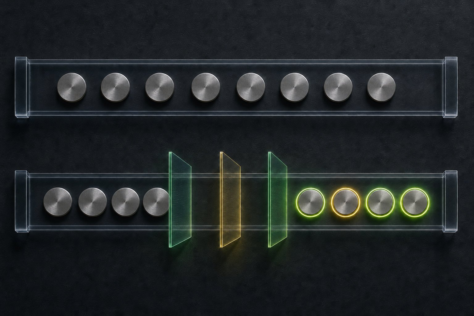Two parallel channels of value tokens, with one unchanged and the other gaining colored rings after passing through translucent filters.