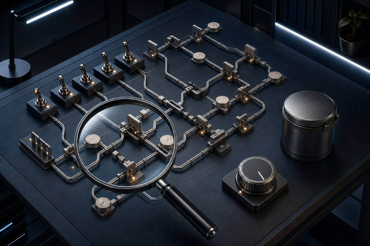 A magnifying glass examines connected switches, gates, and value tokens in a miniature automation control system.