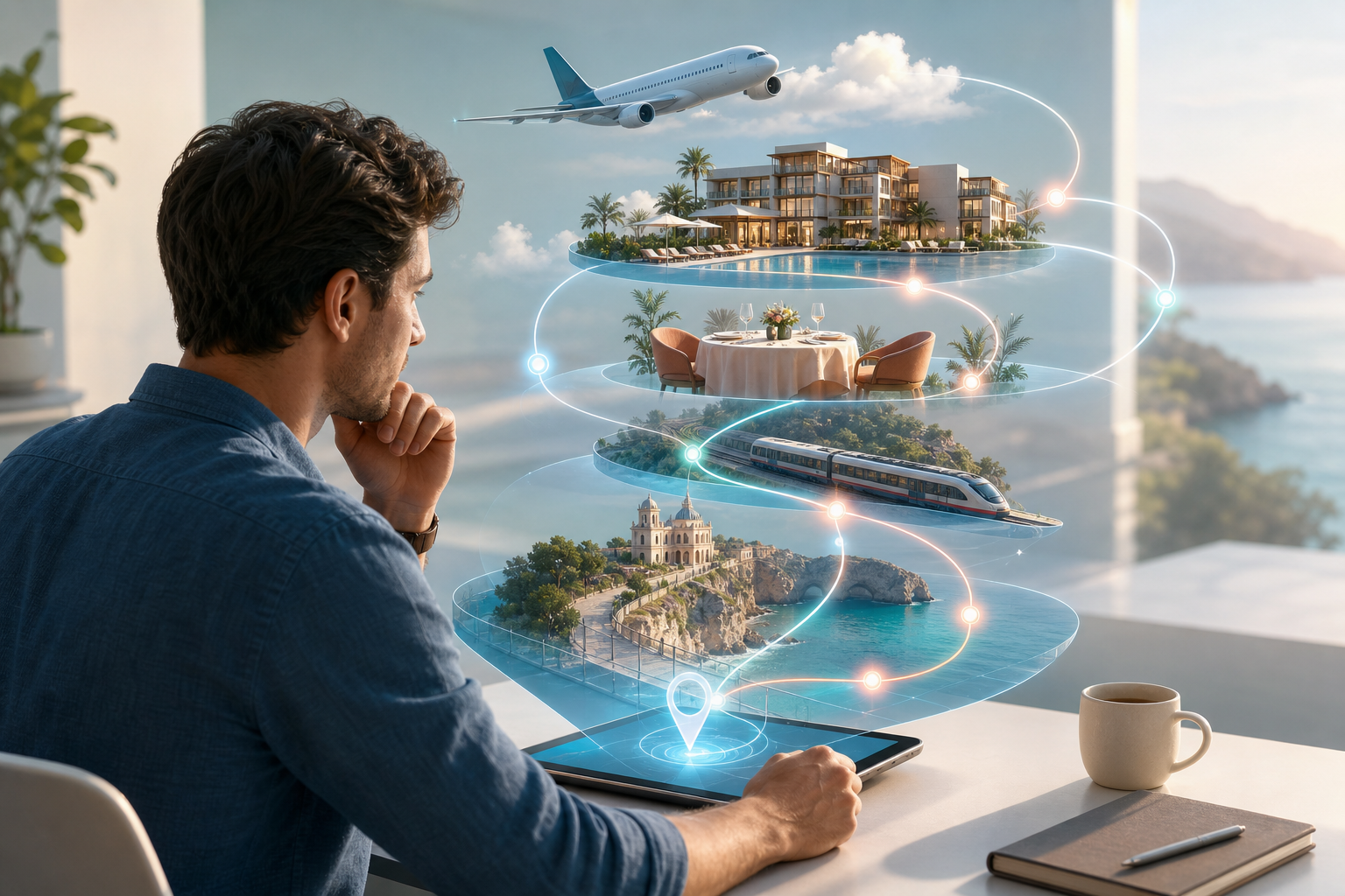 A traveler uses a tablet surrounded by connected illustrations of a hotel, airplane, train, restaurant, and coastal destination.