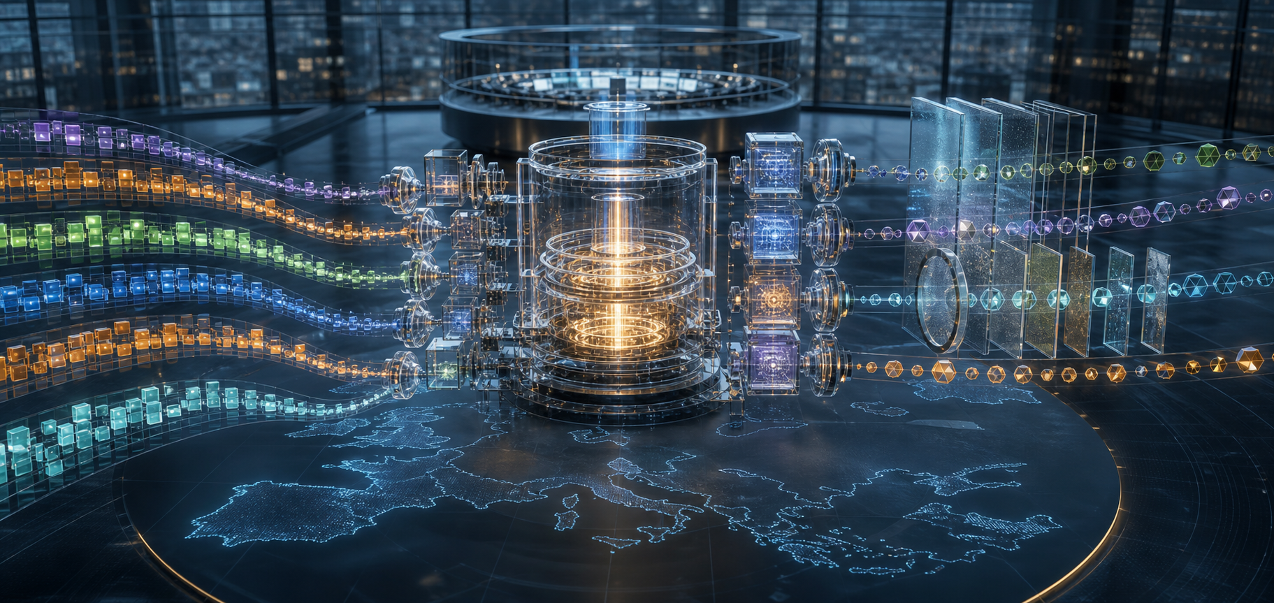 A transparent digital auction engine connects multiple publisher inventory streams with independent buyer pathways above a subtle outline of Europe.