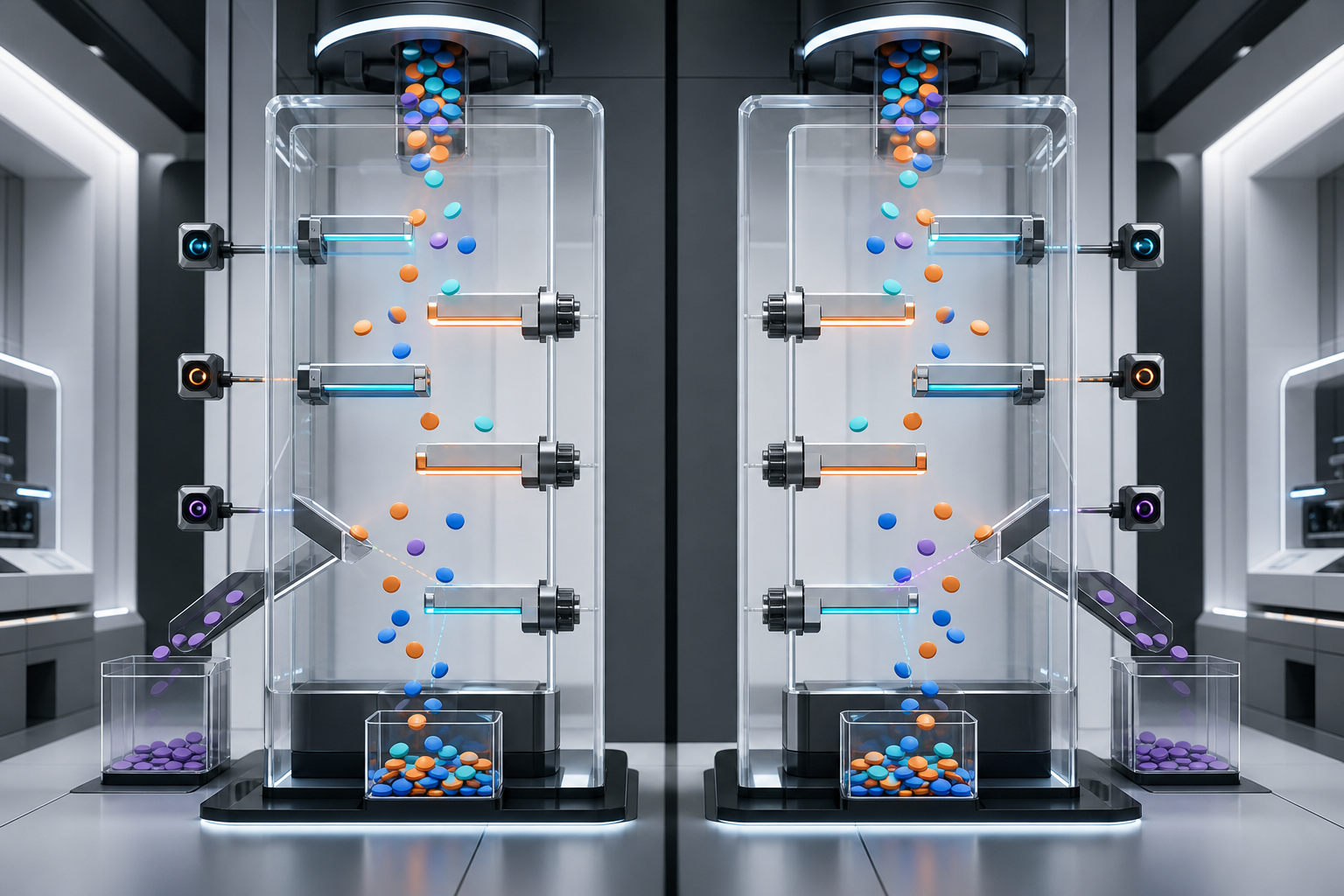 Two transparent auction test chambers use adjustable gates to evaluate identical streams of colored bid tokens under controlled conditions.