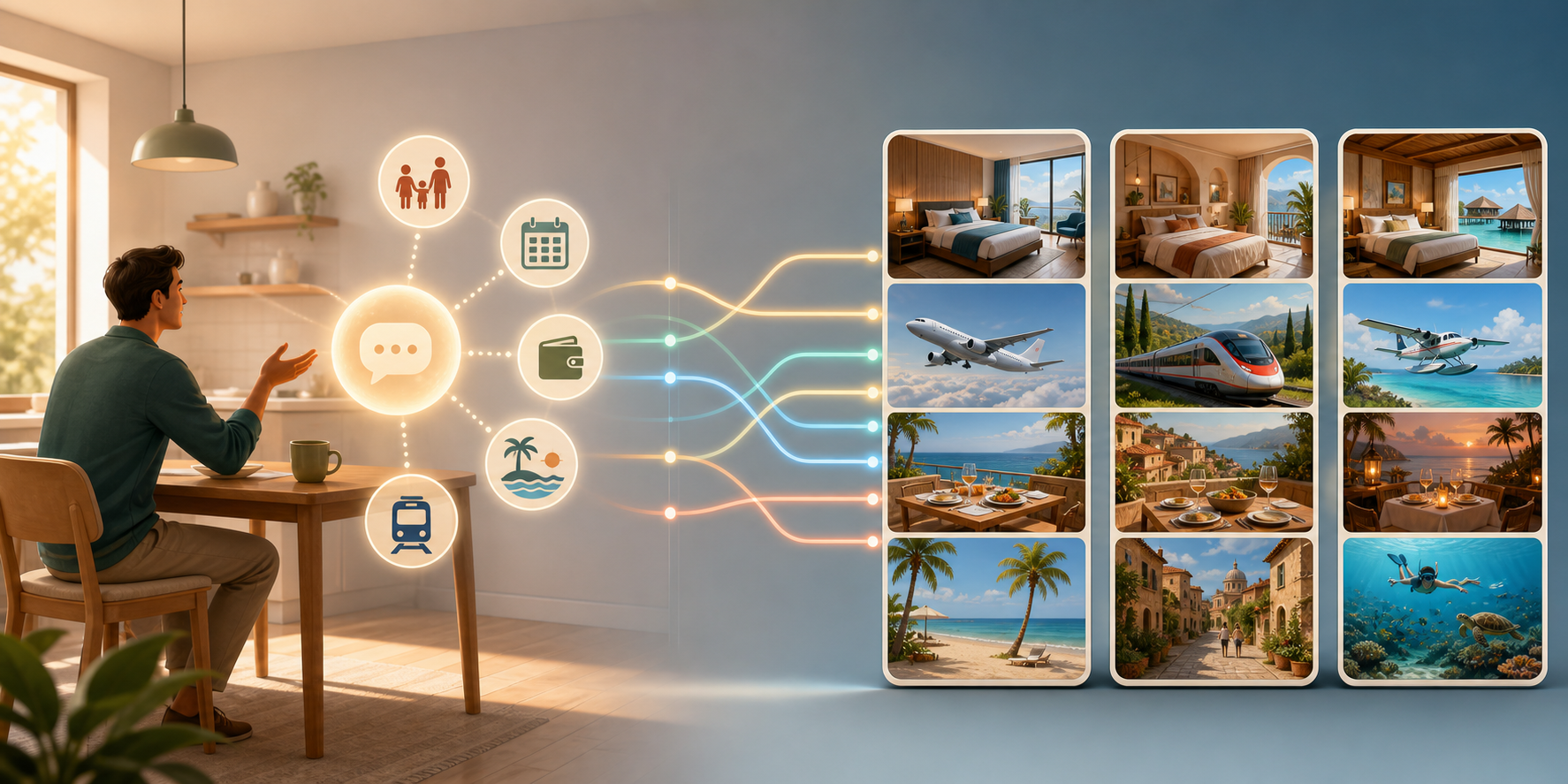 A traveler's preferences for family, timing, budget, dining, and transportation flow into three consistently arranged trip options.