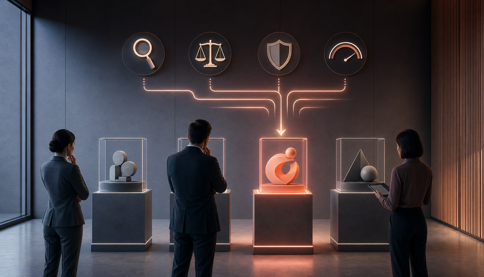Three marketers assess campaign prototypes using visual symbols for accuracy, brand safety, relevance and measurement.