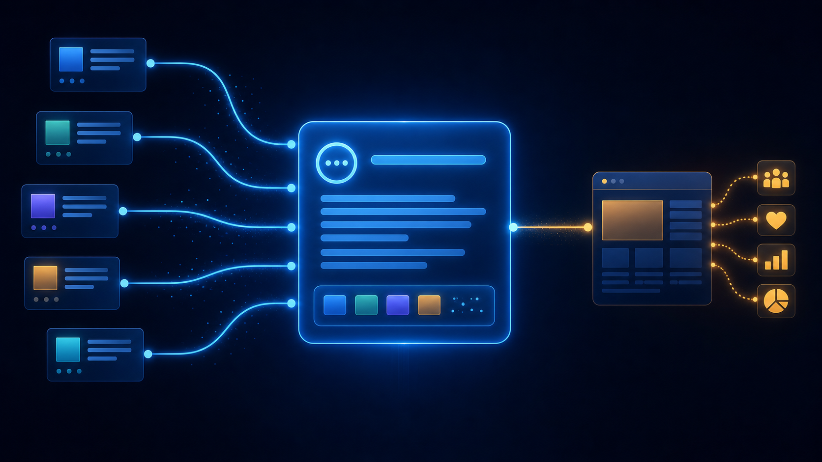 An abstract conversational answer interface receives information from source pages, while one narrow path continues to a publisher website and reader activity signals.