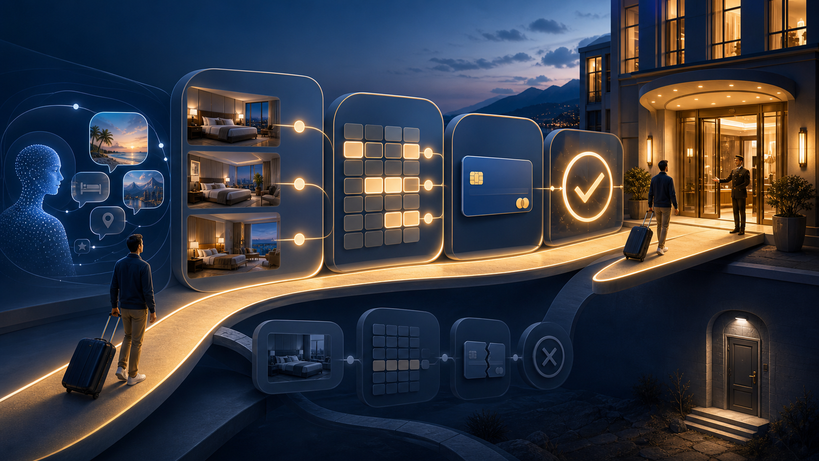 A traveler follows a connected path from trip planning through room selection and payment to a hotel reservation, beside a second path that ends at a disconnected doorway.