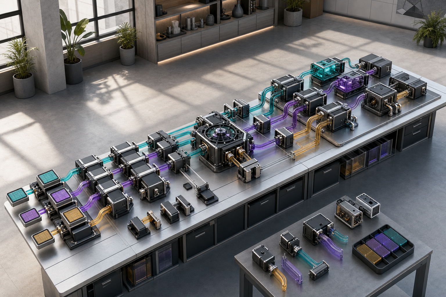 A modular workbench links publisher inventory, auction, buyer, delivery, and measurement stations through removable adapters and fallback routes.
