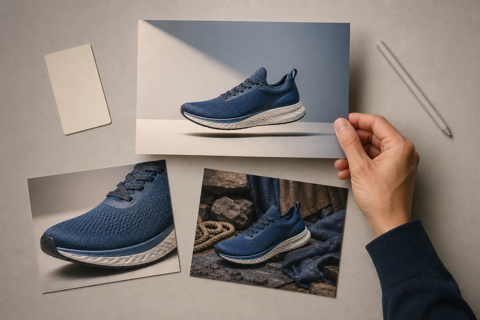 A hand selects a clean, spacious running-shoe image from three unbranded advertising compositions on a design table.