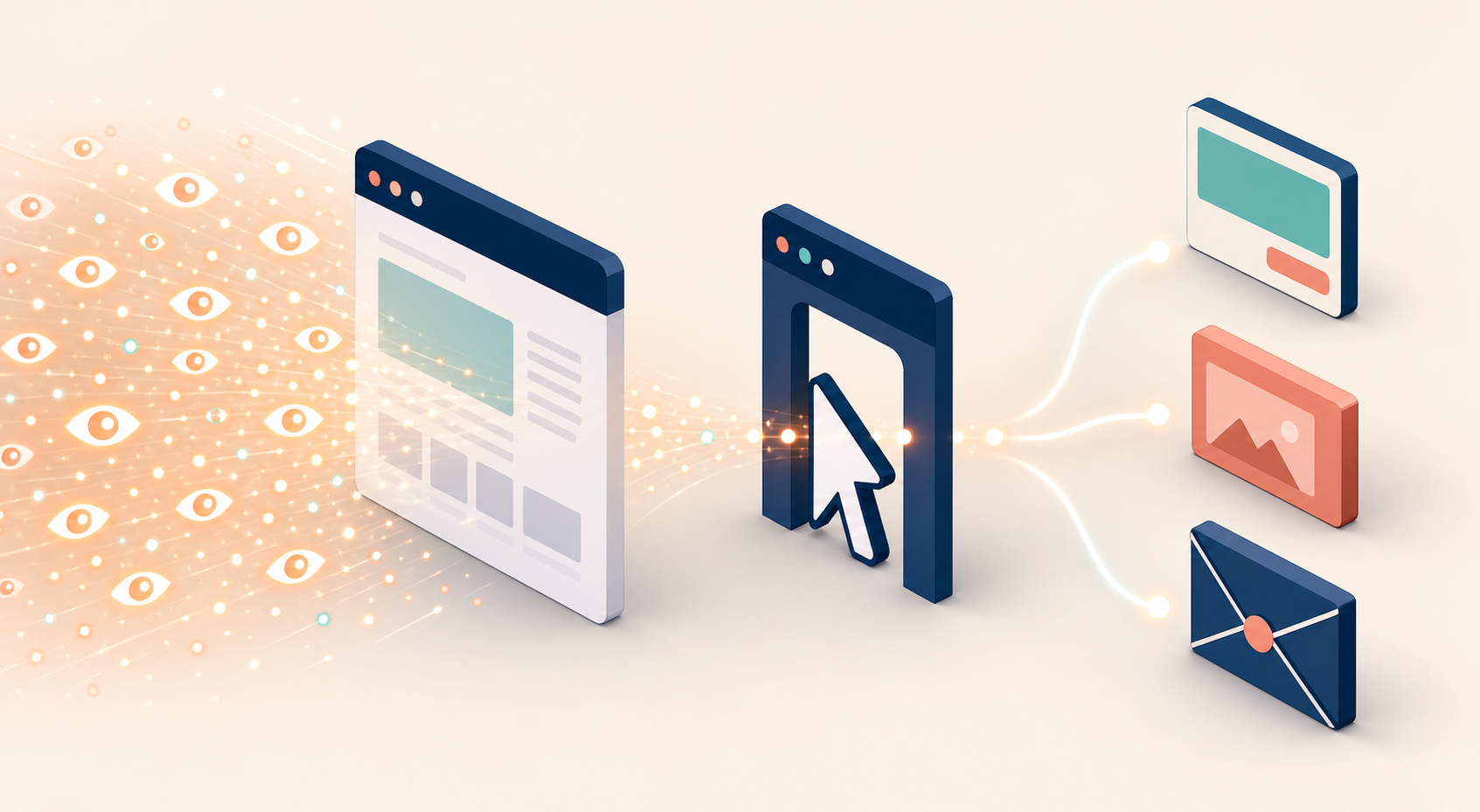 A three-part illustration shows broad attention narrowing into website visits and then branching toward subscription, advertising, and lead outcomes.
