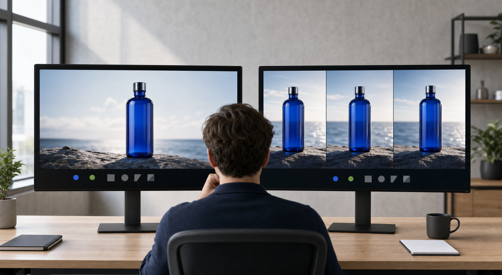 A marketing analyst compares matched static and animated versions of the same bottle advertisement on two displays.