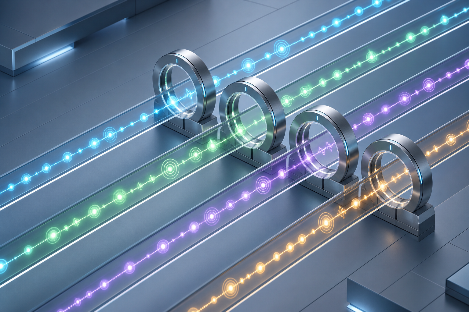 Four separate transparent channels carry colored signal pulses through matching circular measuring gates.