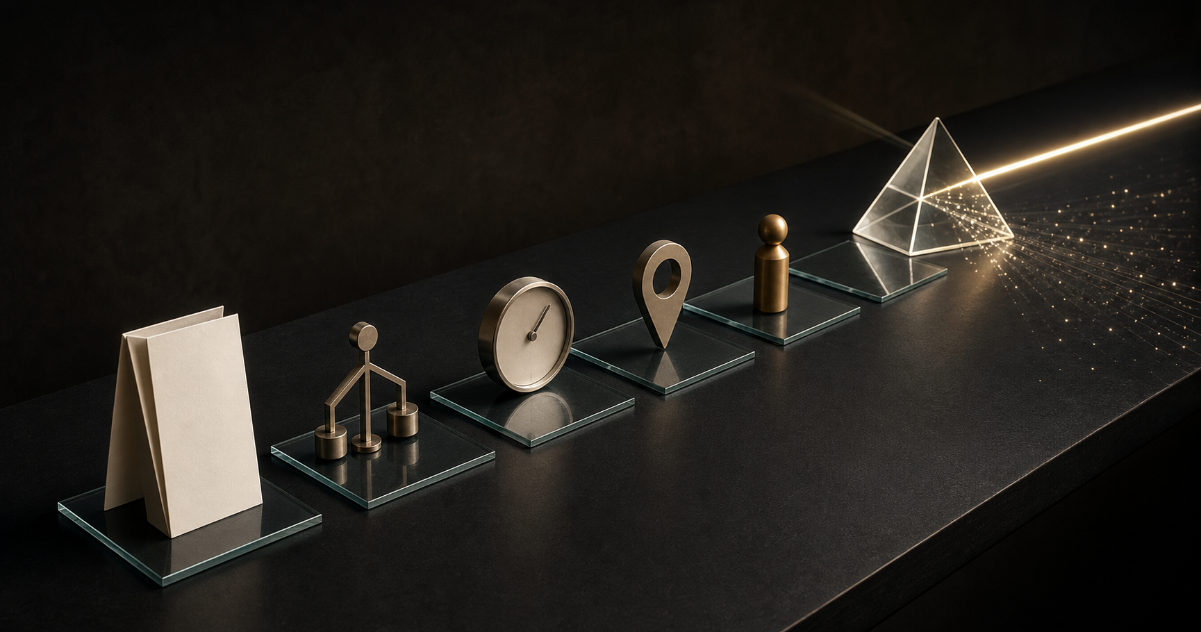Blank event tiles and change-related objects lead toward a glass prism separating a bright signal from scattered particles.