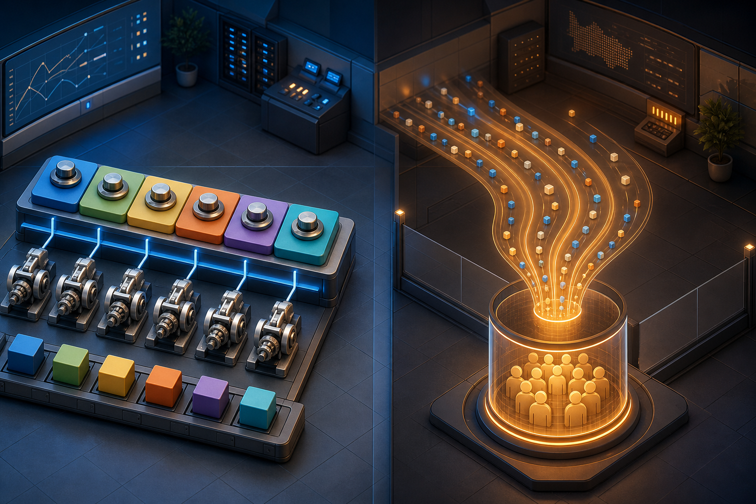 A split digital control room shows bidding controls being reorganized on one side and anonymous data signals flowing into an audience container on the other.