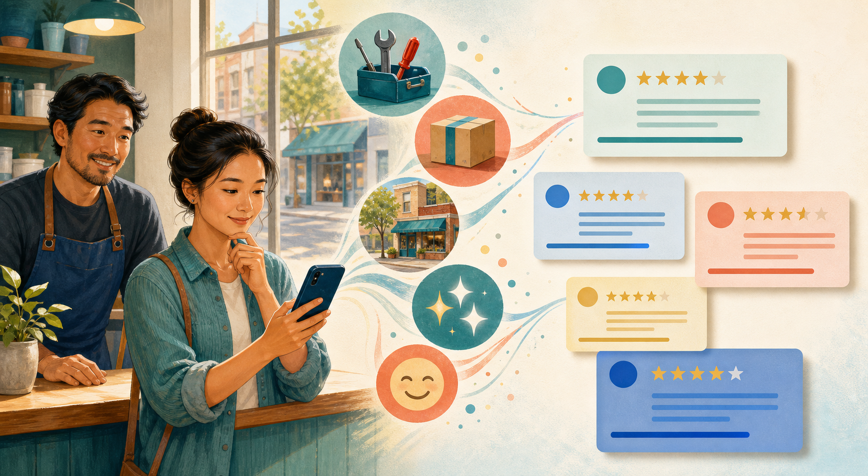 A local shop owner and customer beside a smartphone, with service and outcome symbols flowing into detailed review cards.