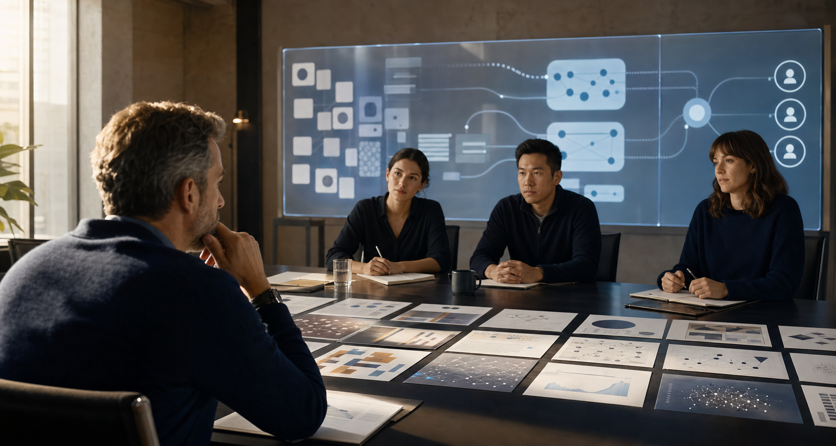 A marketing leader reviews source documents and abstract performance signals across a table from a three-person agency team.