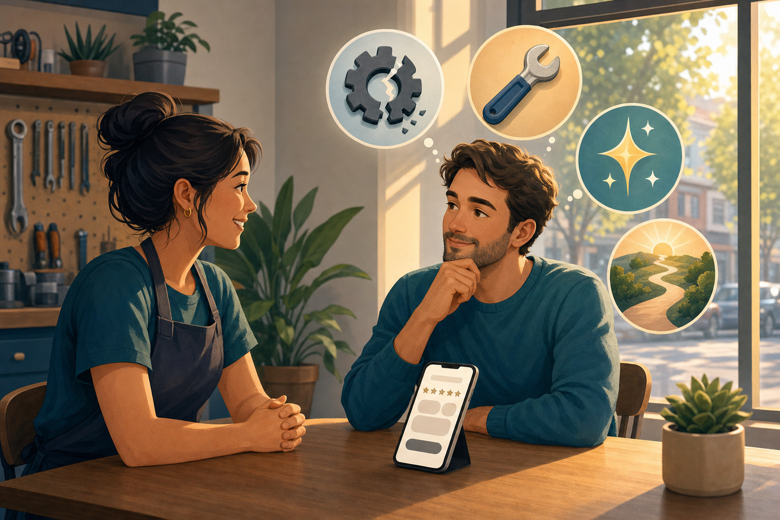 A business professional invites a customer to recall the need, service, quality, and outcome while leaving feedback on a phone.