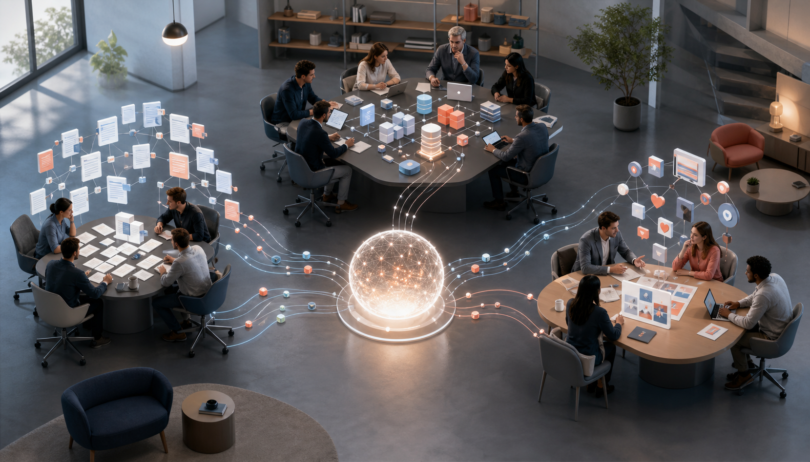 Three differently structured agency teams work with research materials, technical systems and editorial assets around a shared glowing hub.