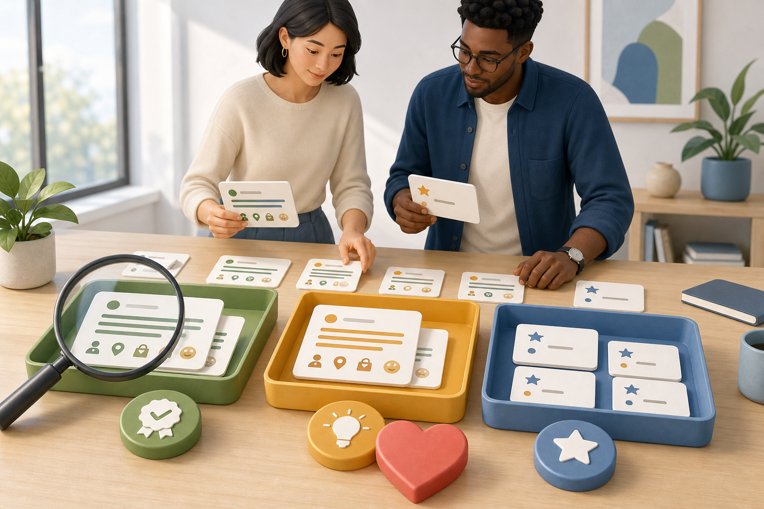 Two colleagues sort varied review cards by detail and usefulness using icons, colored trays, a magnifying glass, and an authenticity symbol.