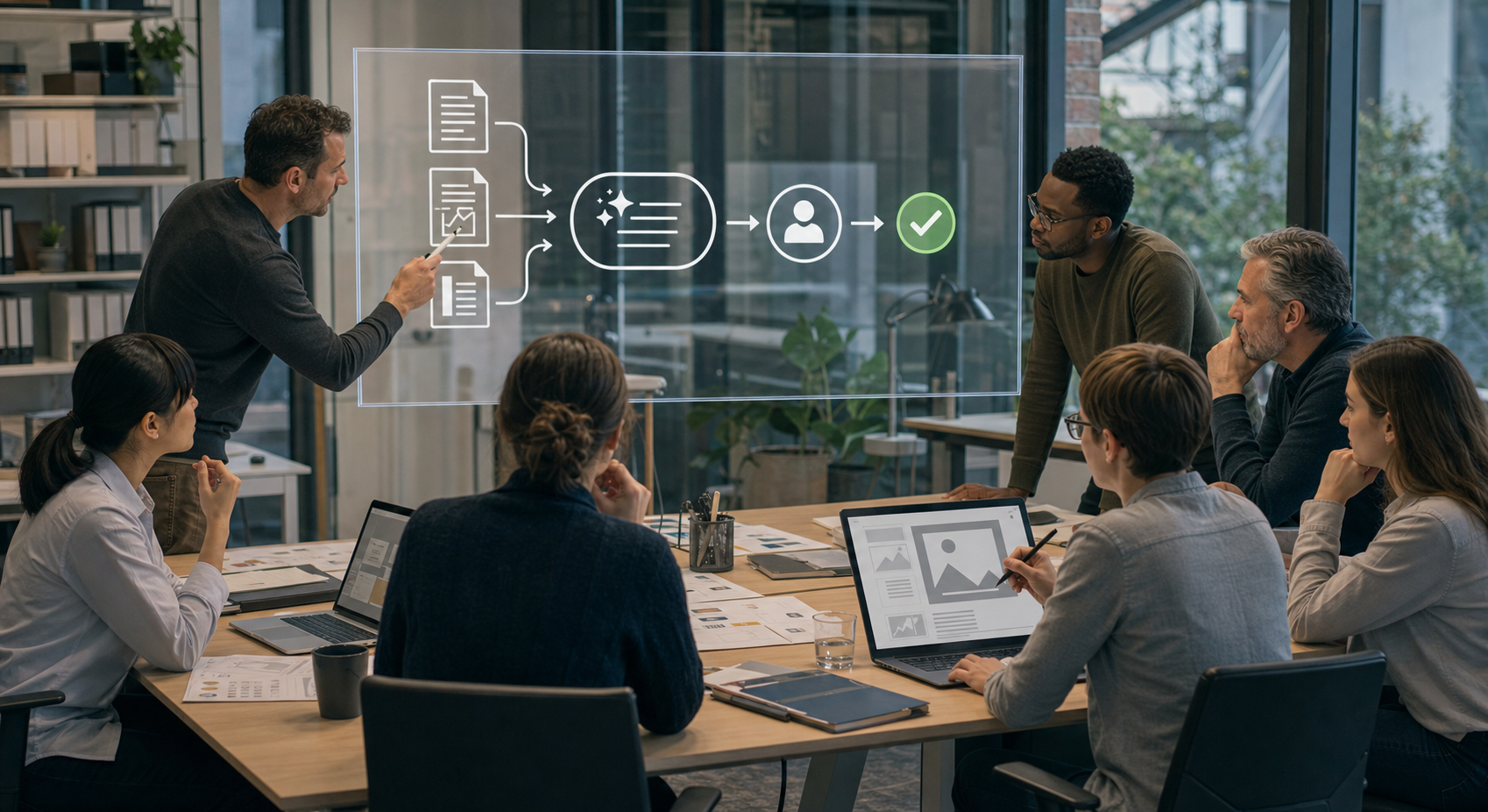 An agency team demonstrates how source documents move through research, technical review and editing while clients observe the workflow.
