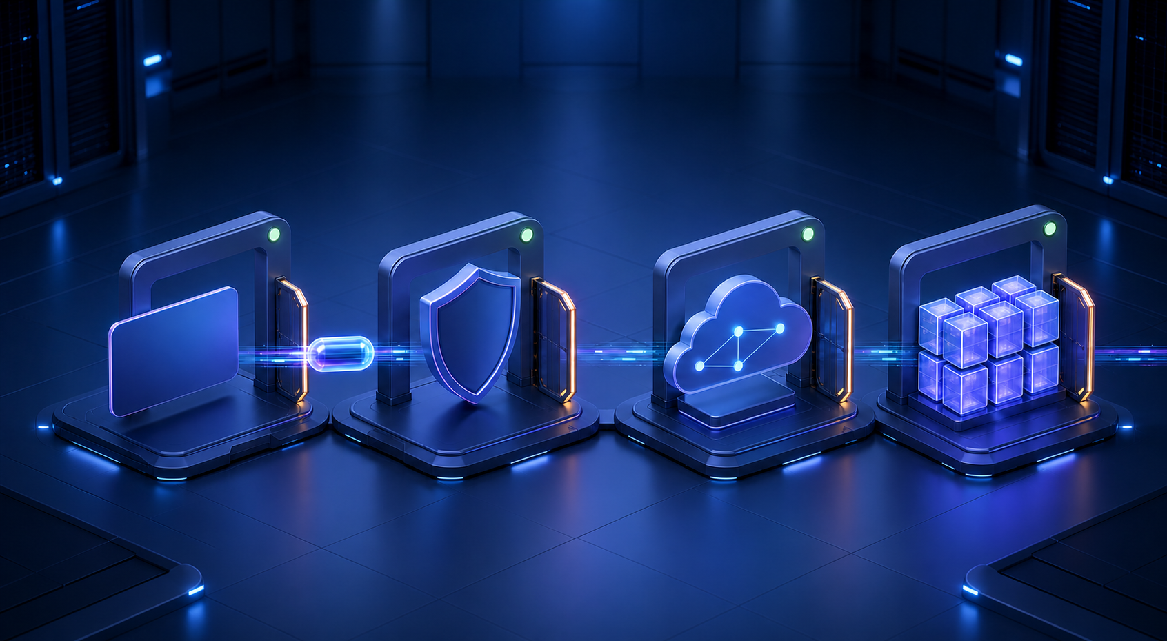 Four gated system checkpoints show payment, privacy, cloud access, and queued processing in a left-to-right sequence.