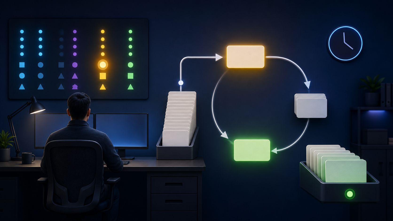 An operator reviews abstract status indicators and blank log cards while an amber alert moves into a resolved tray.