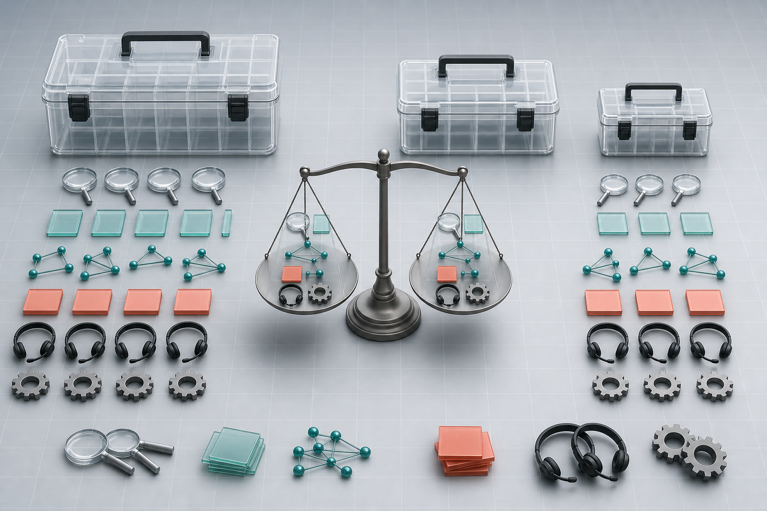 Three toolboxes are unpacked into matching rows of monitoring, recommendation, support, and service components beside a balance scale.