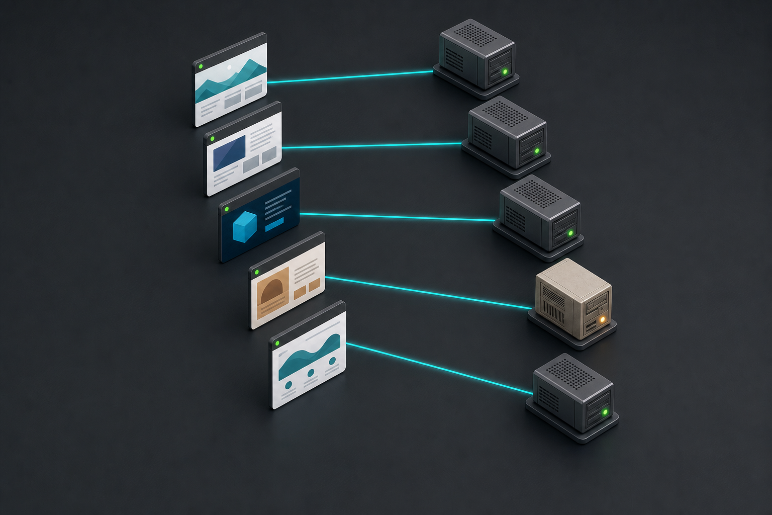 Several generic website tiles connect to hosting servers, with one older server highlighted by an amber status light while the others show green lights.