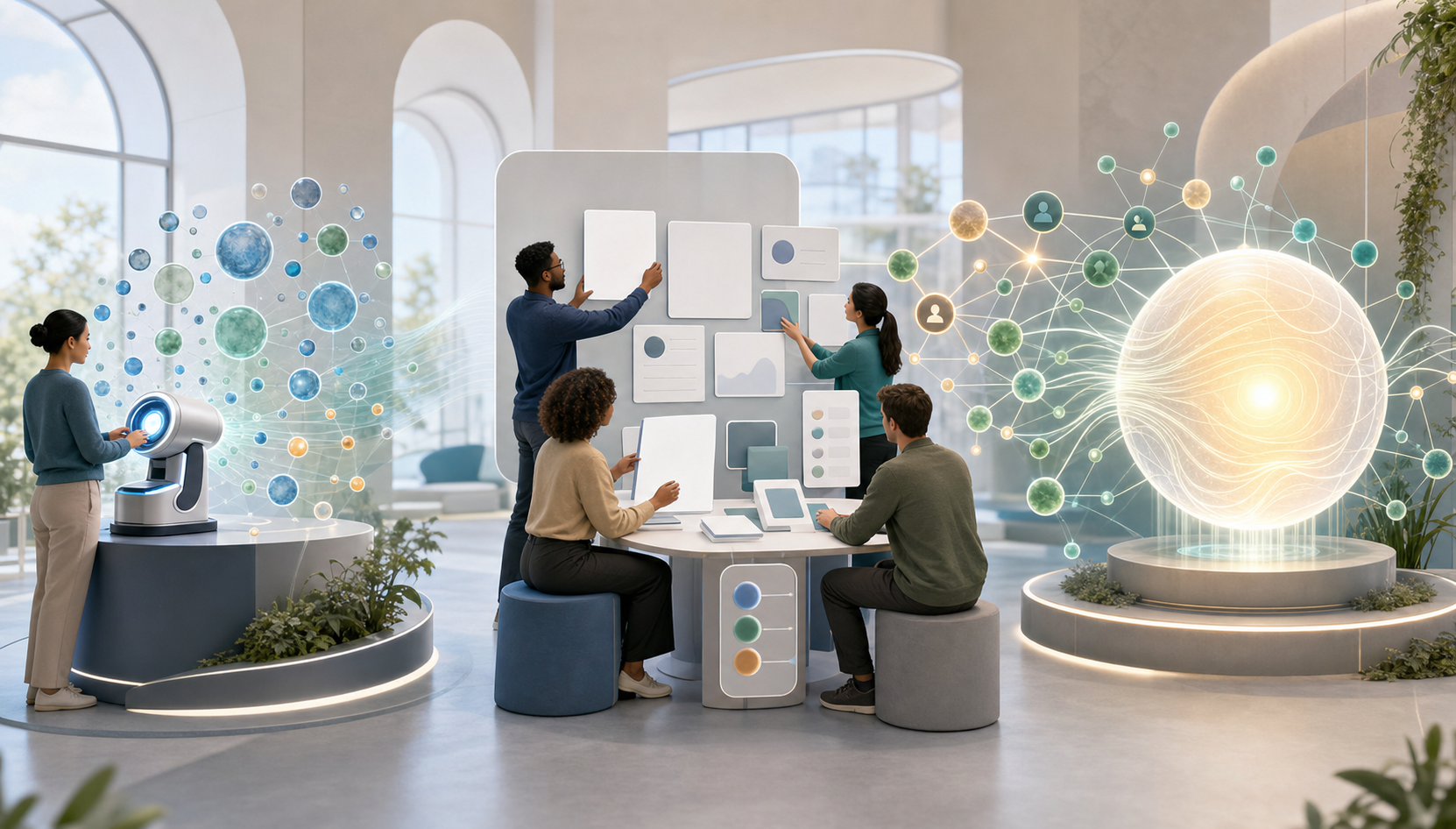 Three connected workstations show analytics, collaborative content and outreach work, and improved source signals flowing into an abstract answer engine.