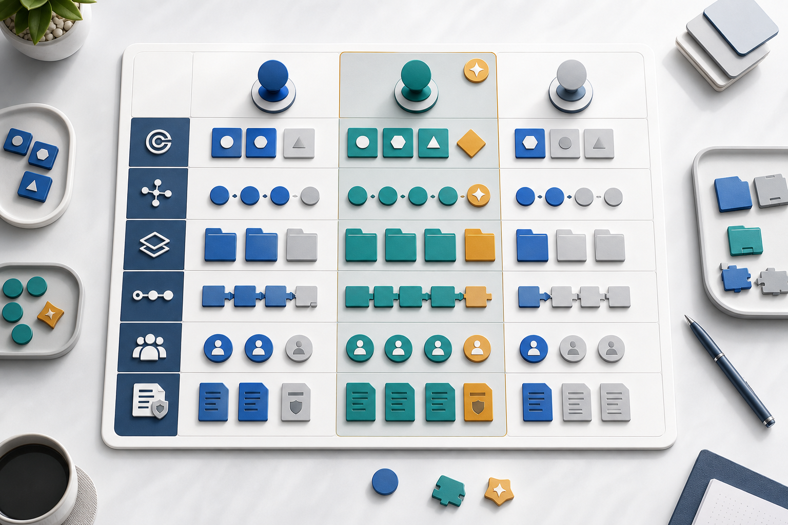 An overhead evaluation board uses colored tiles and symbolic evidence pieces to compare three agency candidates consistently.