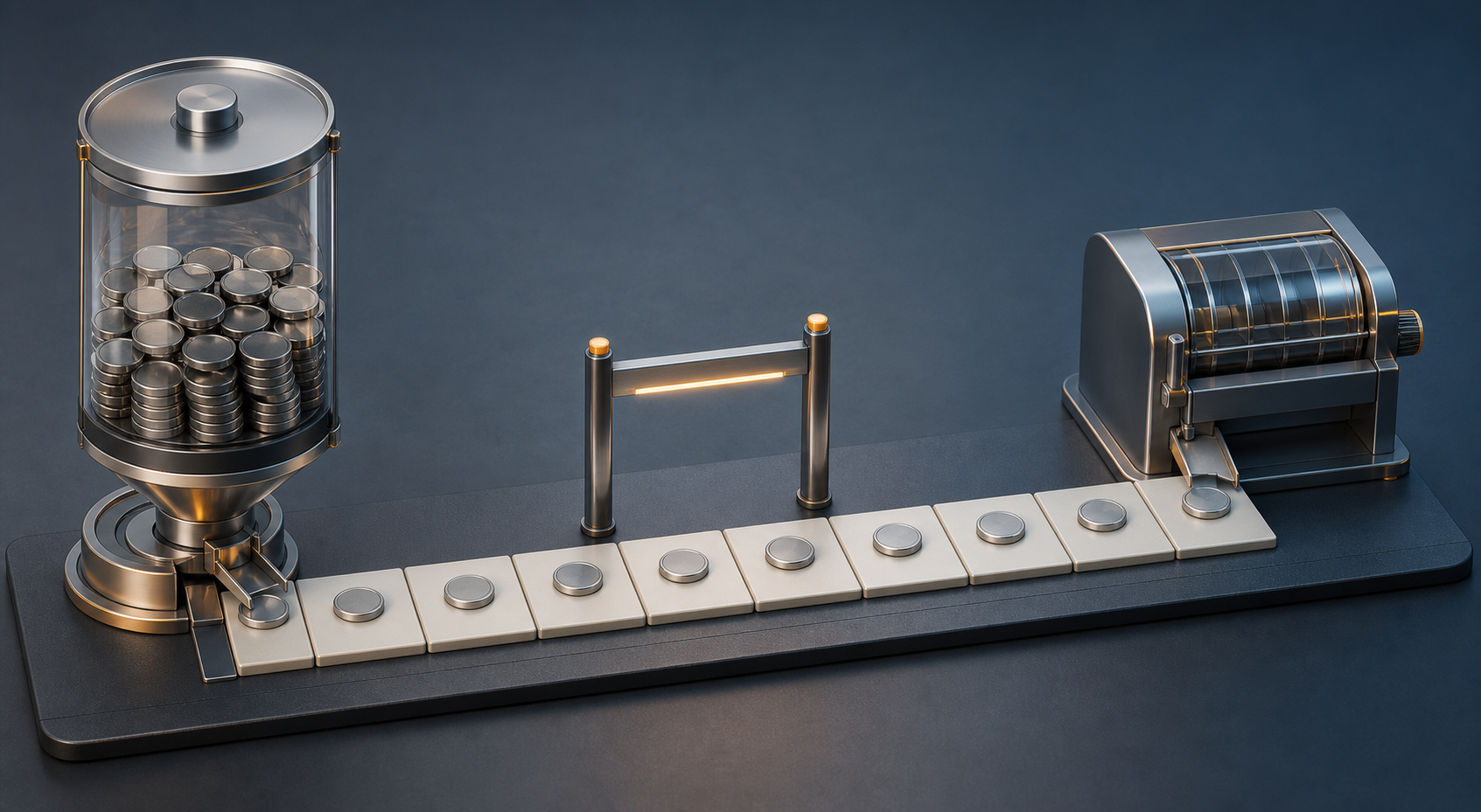 A conceptual tabletop system contrasts one reservoir holding a complete token supply with a dispenser releasing tokens across unmarked calendar tiles toward a finish gate.