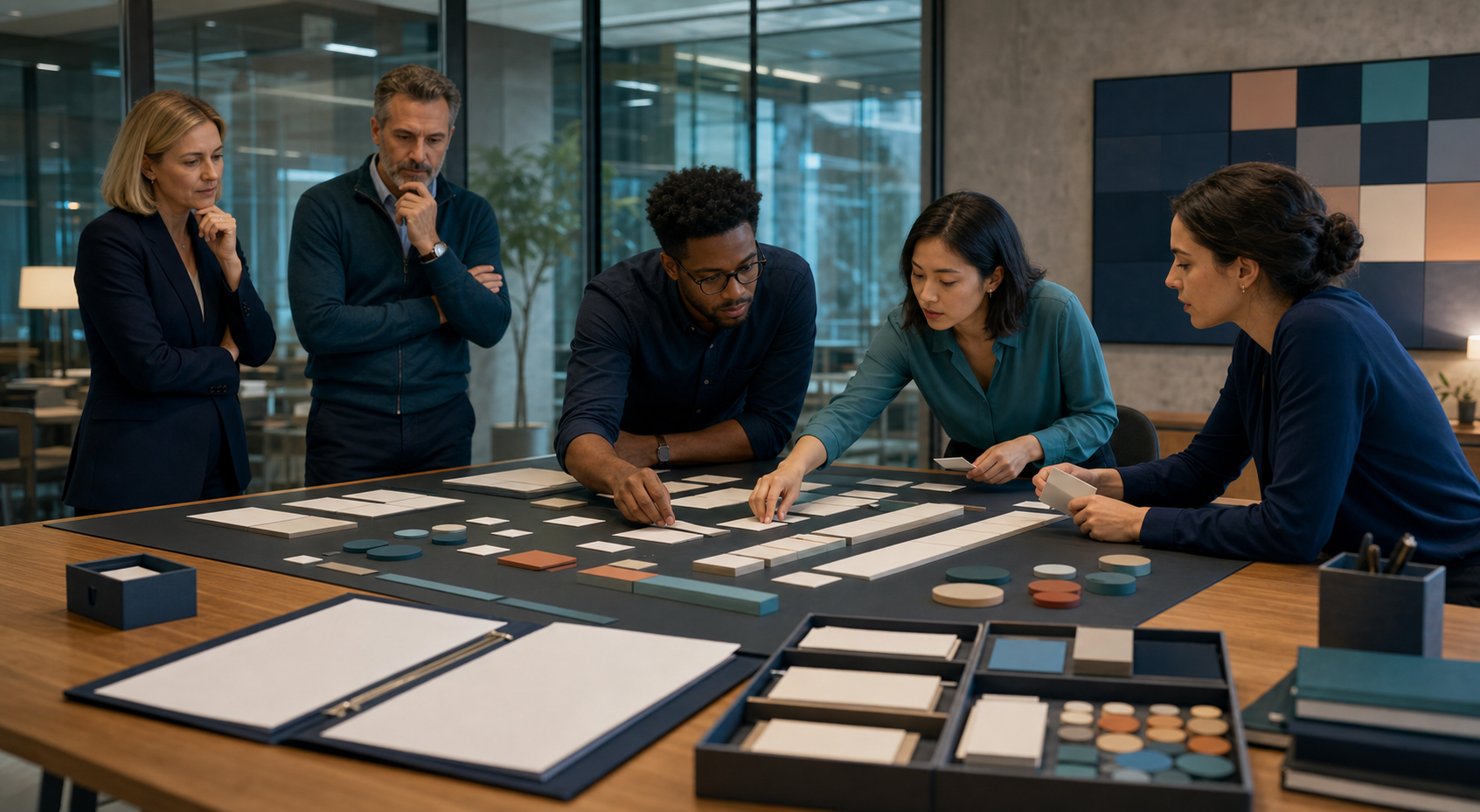 A SaaS leadership team observes an agency team collaborating during a final working session, with contract and handoff materials in the foreground.
