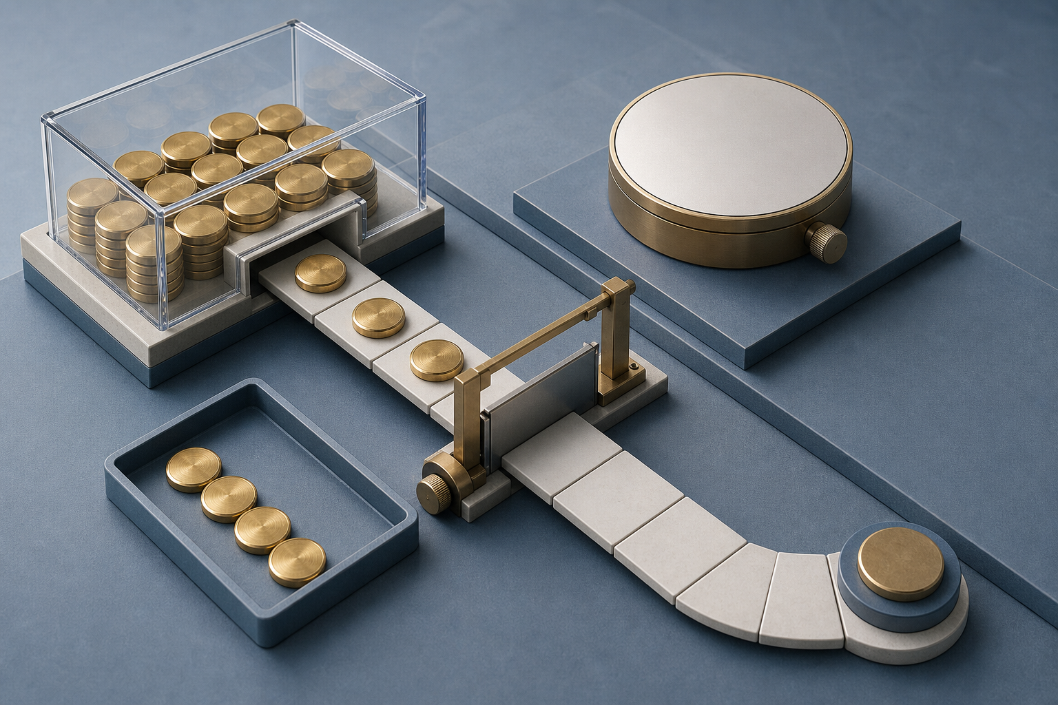 A transparent container of brass tokens feeds a timed path of blank calendar tiles, with used tokens separated in a tray and a movable gate controlling the remaining supply.