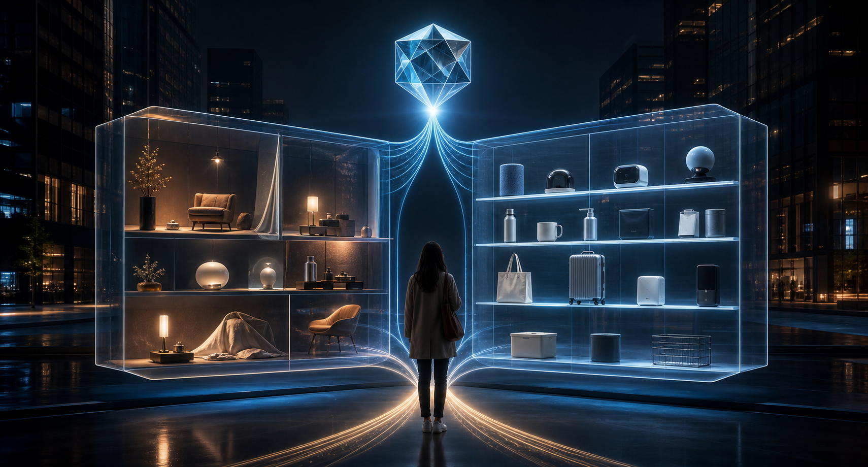 A shopper faces a glowing digital storefront with an atmospheric brand layer and a curated shelf of unbranded products.