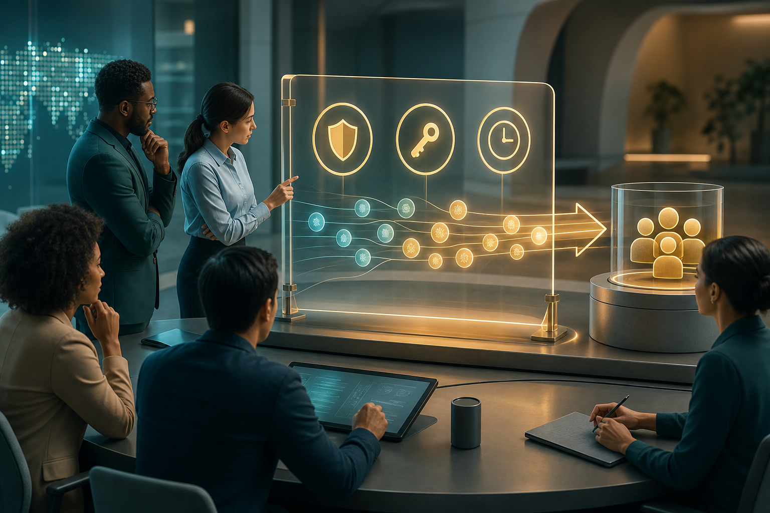 A compliance team reviews anonymous data tokens passing through a privacy checkpoint into an automated audience container.